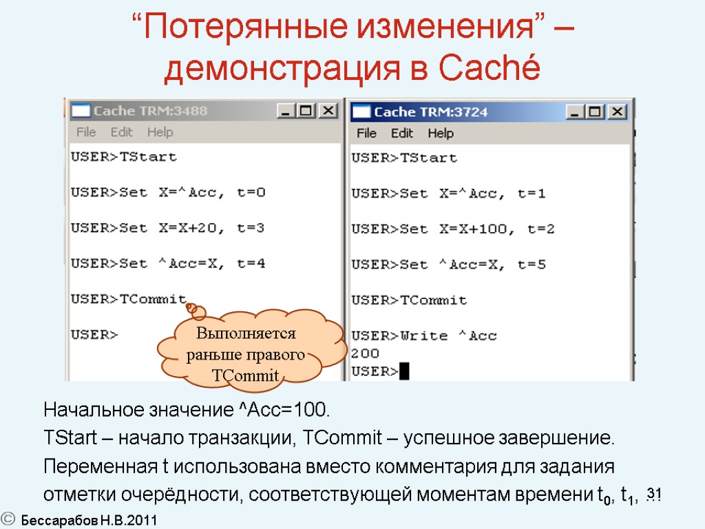 31 “Потерянные изменения” – демонстрация в Caché Начальное значение ^Acc=100. TStart – начало транзакции,